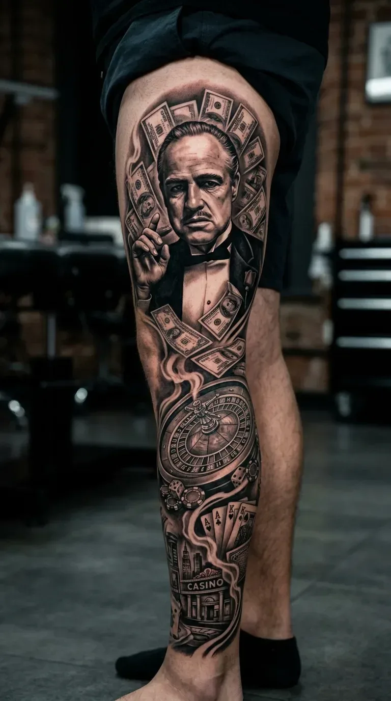 Tattoo gerar tattoo poderoso chefao com uns dolar e roleta em realismo na lateral da pe Realismo B&G feita em São Paulo por Robson Torres