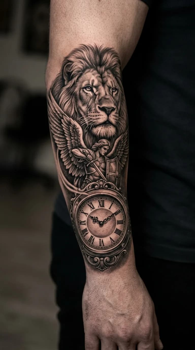 Tattoo leão arcanjo e relogio Estilo Livre feita em São Paulo por Robson Torres