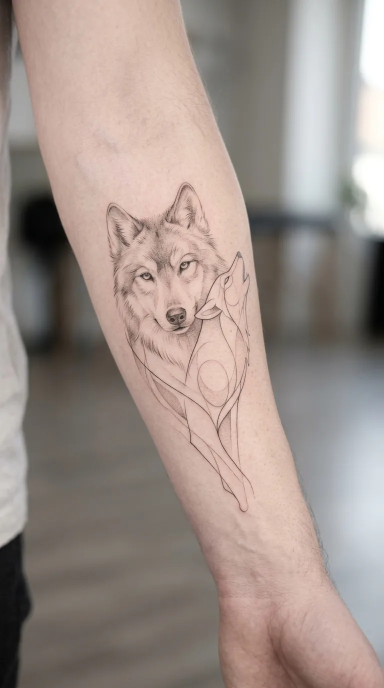 Tattoo lobo geometrico minimalista fineline no antebraco feita em São Paulo por Robson Torres