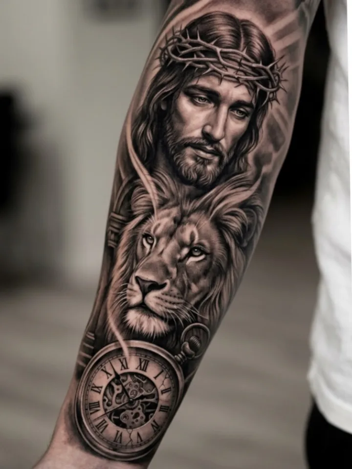 Tattoo Jesus leão e relógio no antebraço Realismo B&G feita em São Paulo por Robson Torres