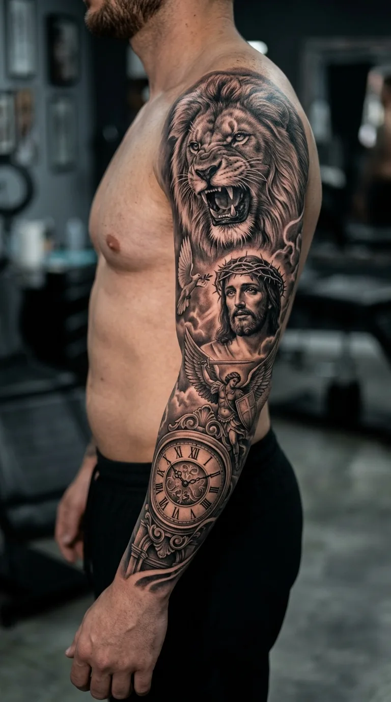 Tatuagem de fechamento de braço realista em black and grey com leão rugindo, rosto de Jesus, pomba, anjo e relógio antigo.