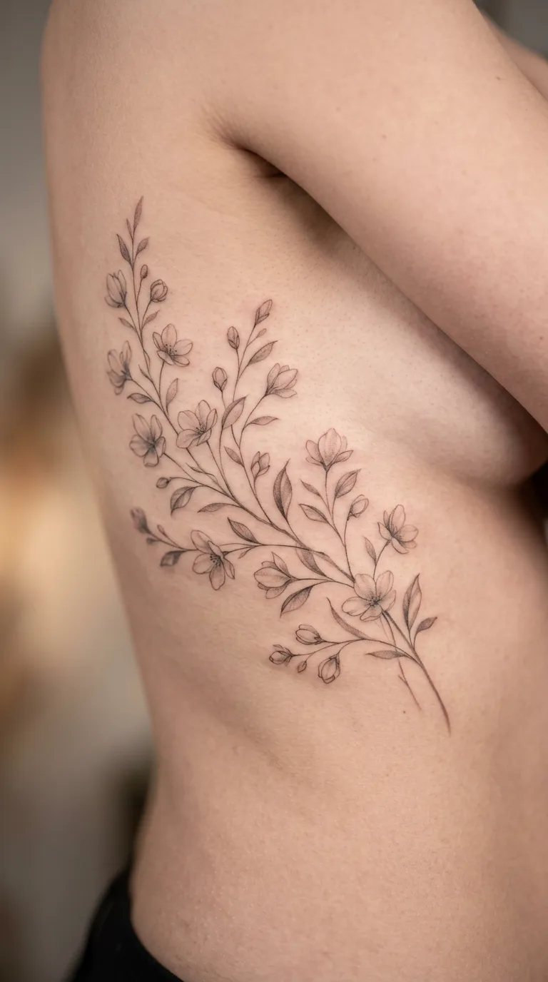 Tattoo Ramos florais fineline femininos delicados na costela feita em São Paulo por Robson Torres