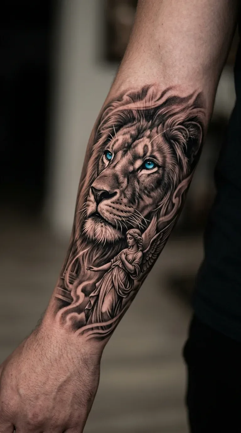 Tattoo Leão e anjo pequeno no antebraço lado externo em realismo e só o olho do leão az Realismo B&G feita em São Paulo por Robson Torres