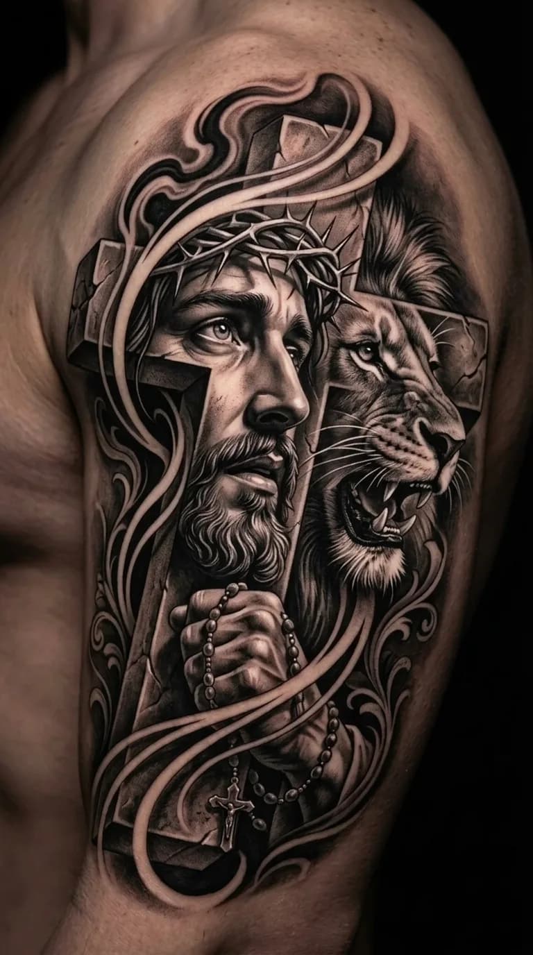 Tatuagem realista de Jesus Cristo com coroa de espinhos, leão rugindo e cruz no braço, estilo preto e cinza.