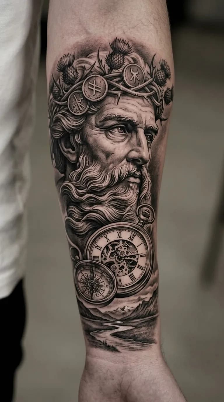 Tatuagem realista preto e cinza no antebraço de um homem, apresentando um busto clássico com barba e coroa de cardos, um relógio de bolso, uma bússola e uma paisagem montanhosa com rio.