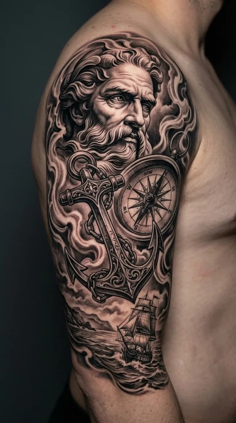 Tatuagem de braço completo em realismo black and grey com Poseidon, âncora ornamentada, bússola e navio em mar agitado.