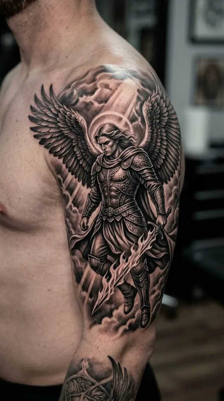 Tattoo Quero um arcanjo do ombro ao cotovelo realismo Realismo B&G feita em São Paulo por Robson Torres
