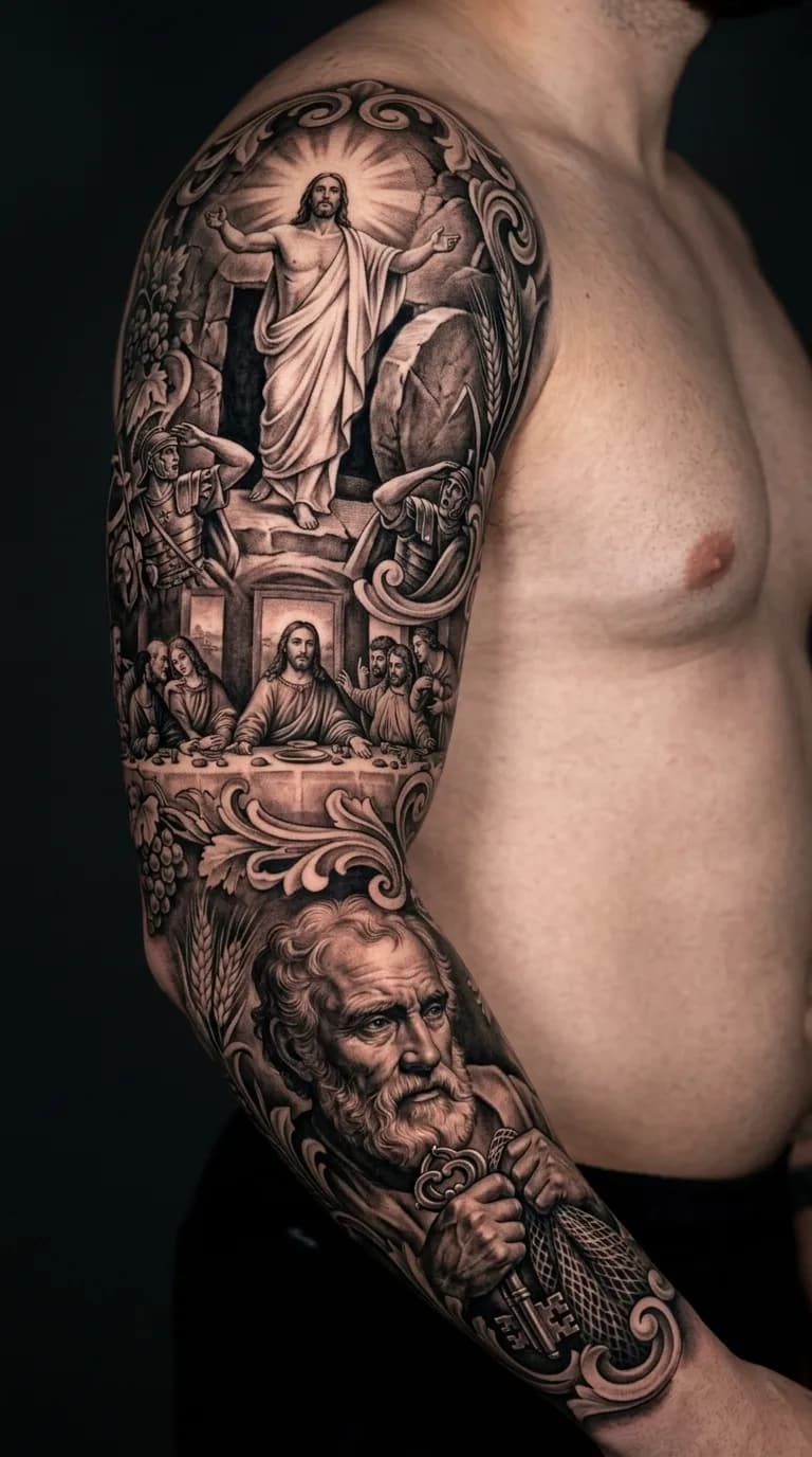 Tattoo Fechamento de braço religioso em Realismo B&G feita em São Paulo por Robson Torres