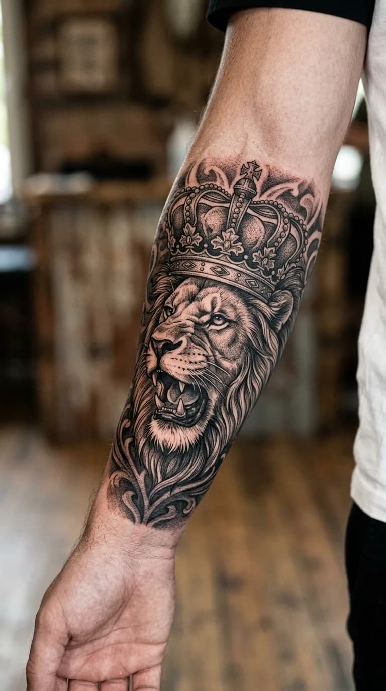 Tattoo Leão coroado blackwork no antebraço externo, coroa detalhada feita em São Paulo por Robson Torres