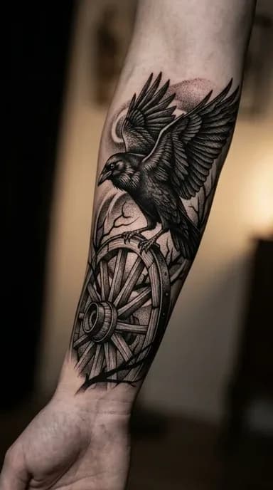 Tattoo Corvo em Blackwork no antebraço feita em São Paulo por Robson Torres