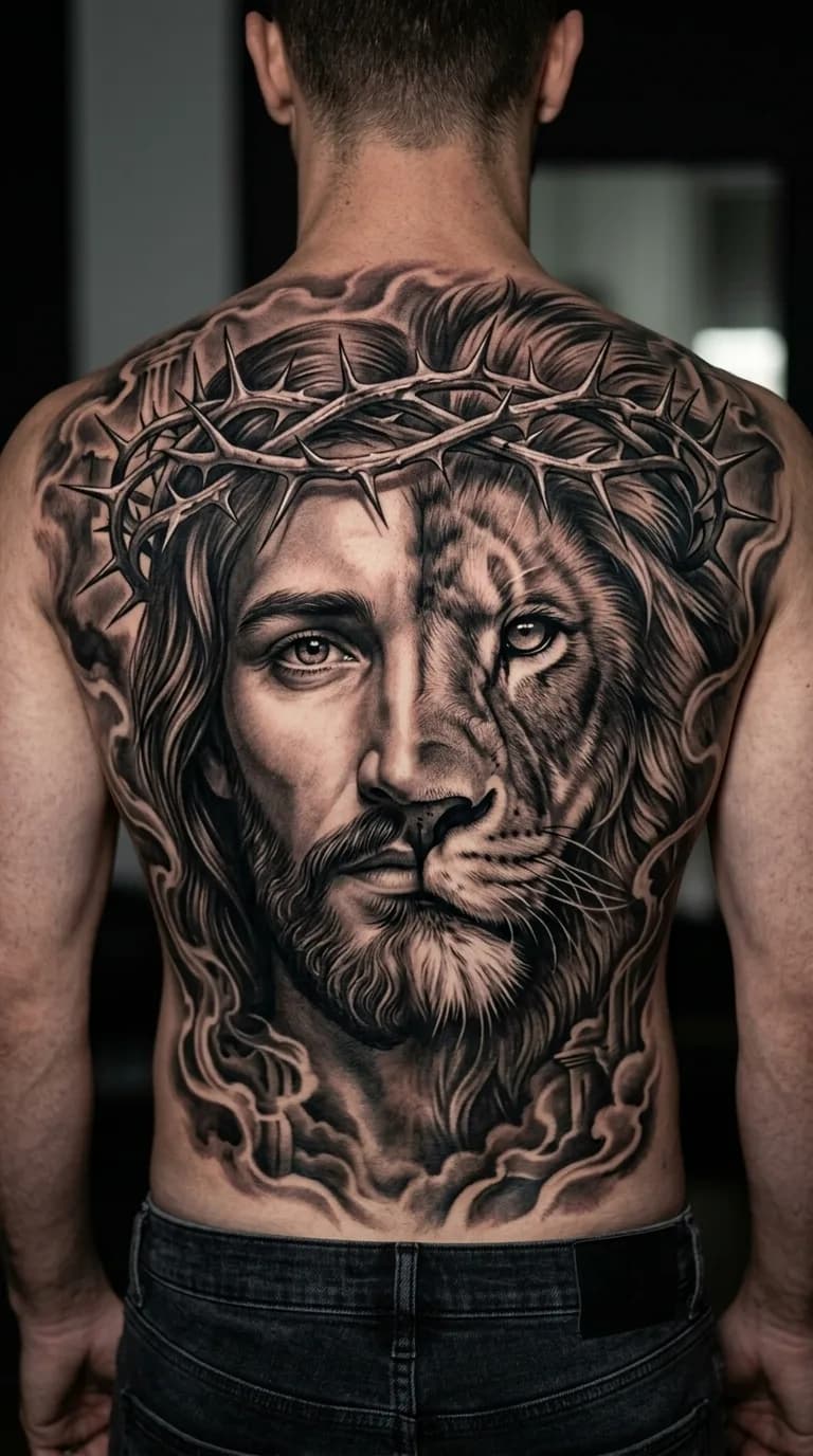 Tatuagem de realismo B&G nas costas de um homem, retratando a fusão do rosto de Jesus Cristo com um leão, ambos usando uma coroa de espinhos.
