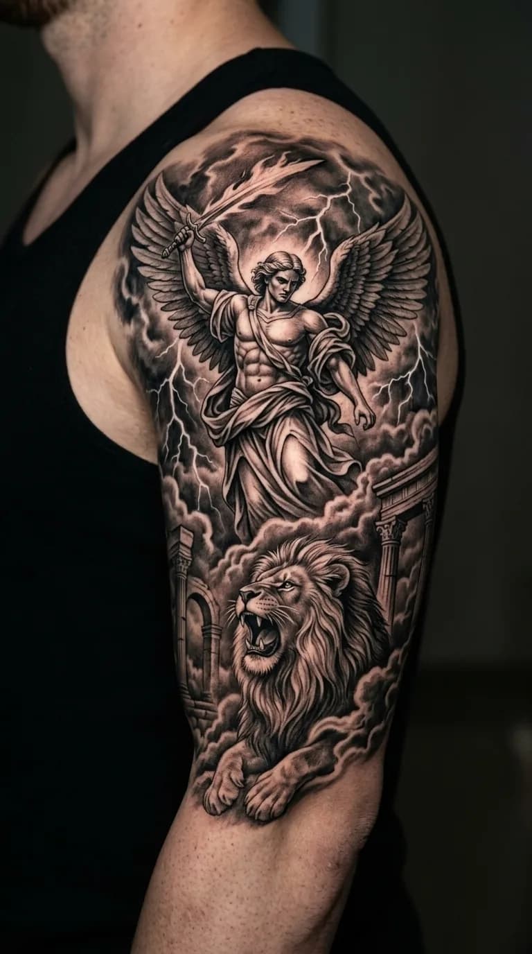 Tatuagem realista black and grey no braço de um homem, mostrando o Arcanjo Miguel com espada e um leão rugindo entre nuvens e raios, com ruínas ao fundo.