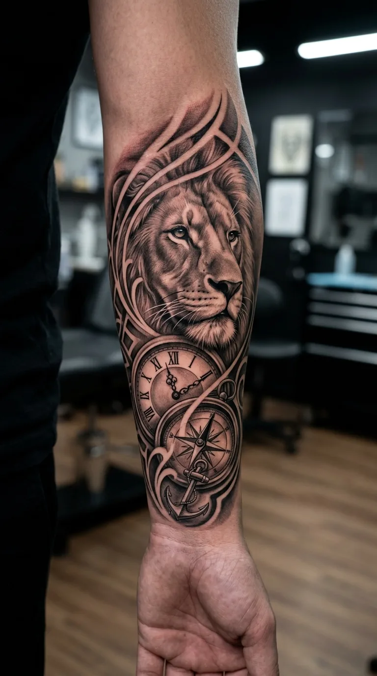 Tattoo Leão relógio e bússola no antebraço Estilo Livre feita em São Paulo por Robson Torres