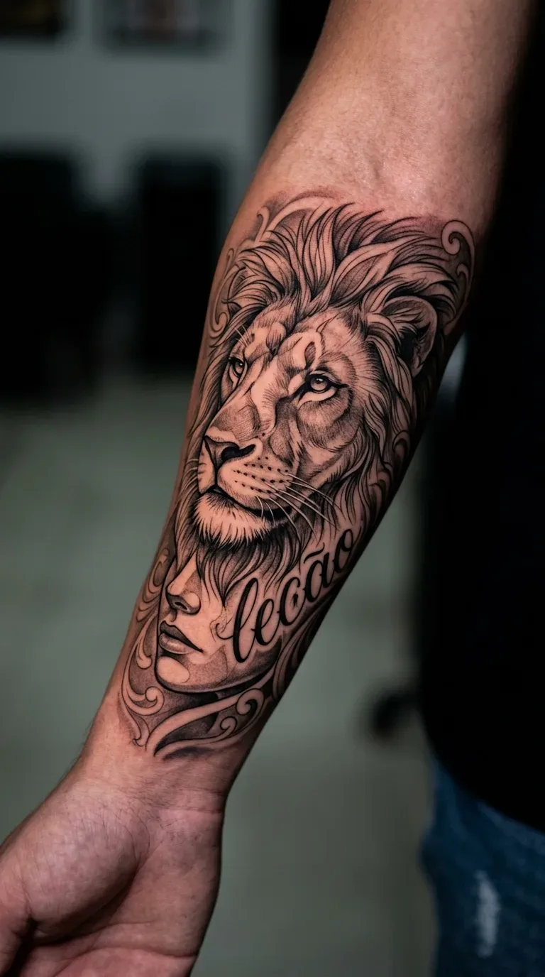 Tattoo Realistic portrait tattoo: Name tattoo «Tattoo leão», lettering, tattoo stencil feita em São Paulo por Robson Torres