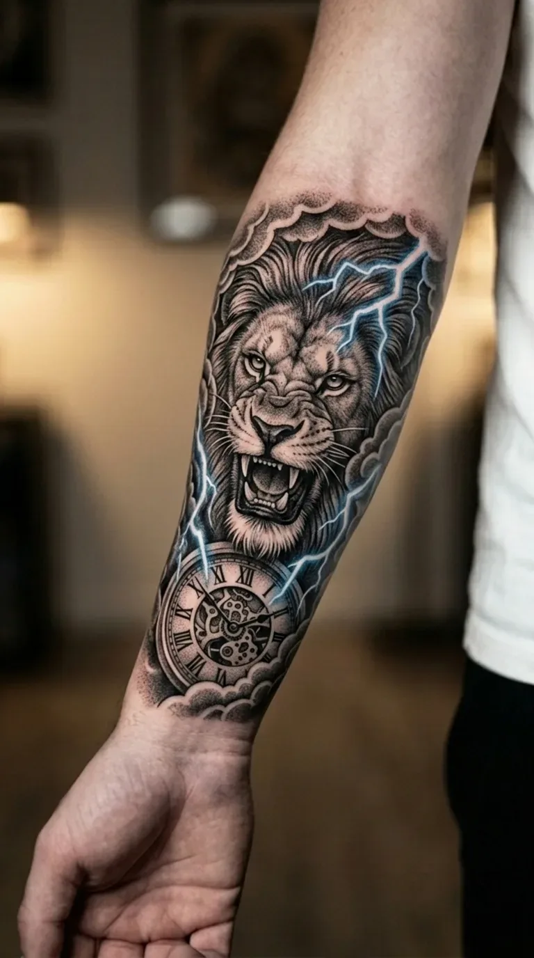 Tattoo Leão e relógio com raios azul Realismo B&G feita em São Paulo por Robson Torres