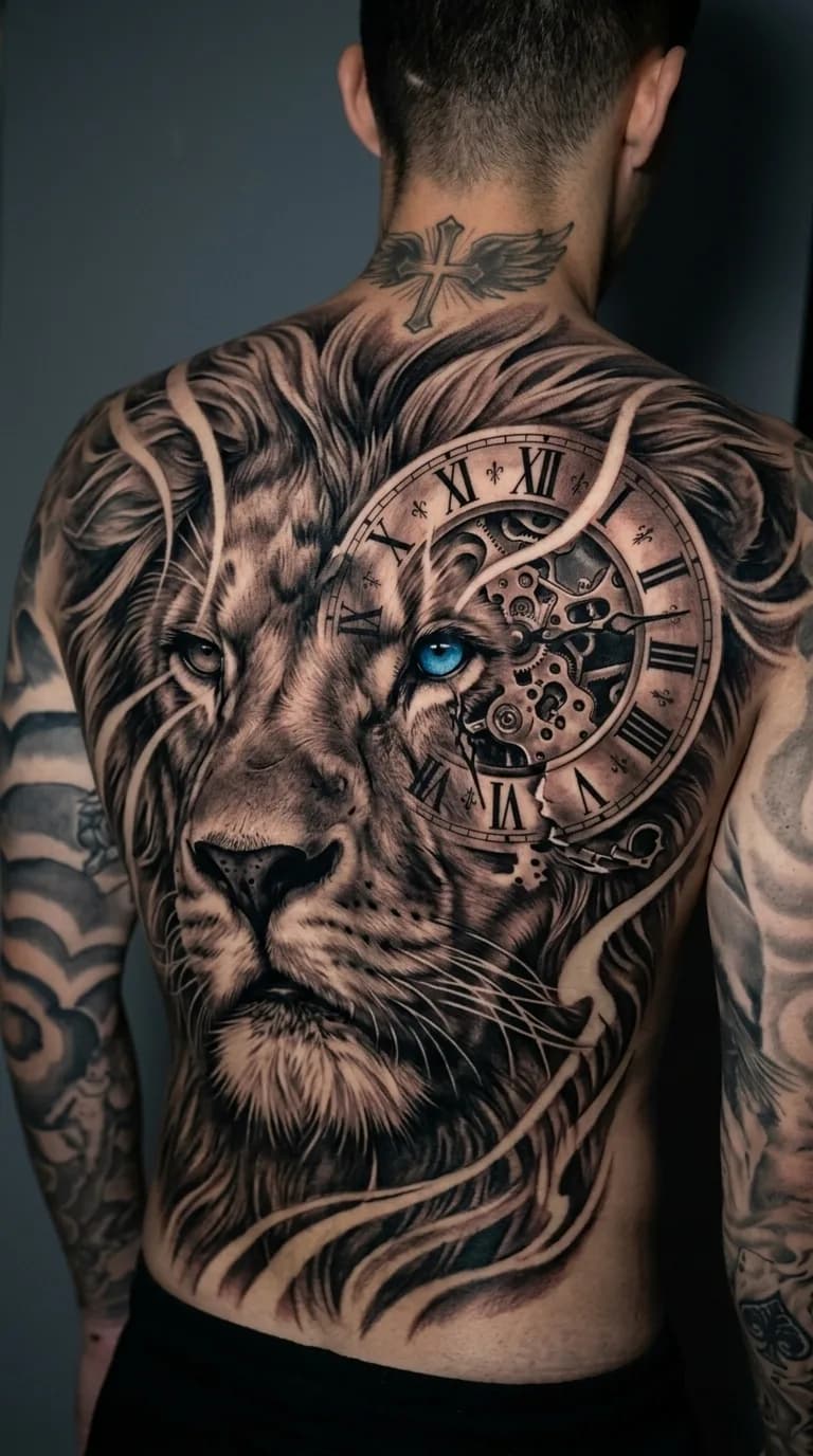 Tatuagem realista de leão com relógio e olho azul vibrante nas costas de um homem, estilo Black & Grey.