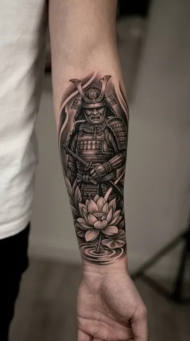 Tatuagem realista de samurai com armadura e katana, e flor de lótus em preto e cinza no antebraço.