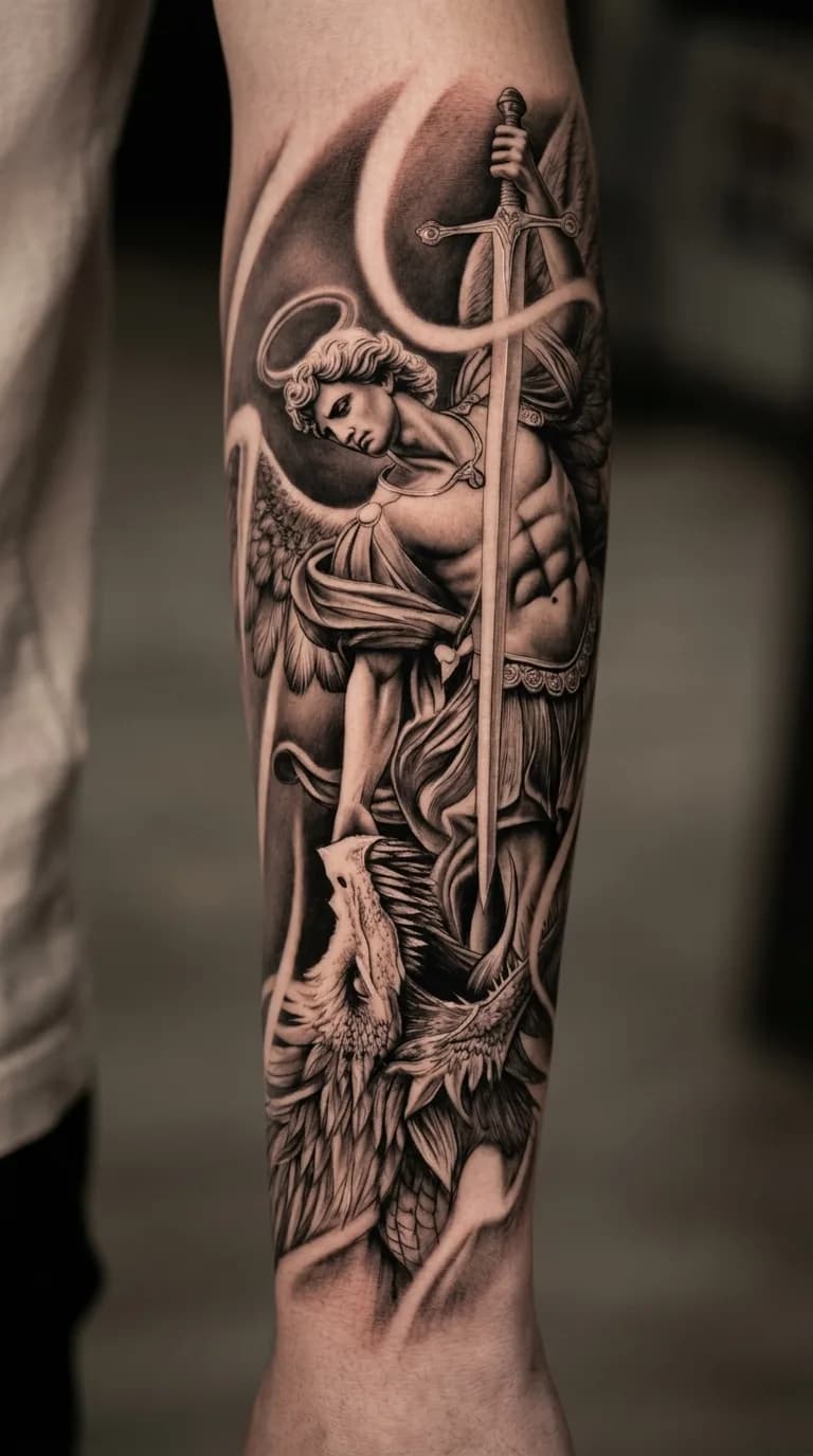 Tatuagem realista em preto e cinza do Arcanjo Miguel com espada, combatendo um dragão no antebraço.