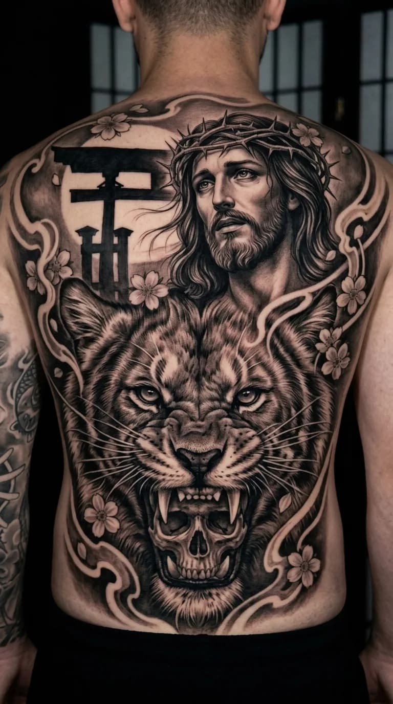 Tattoo Fechamento de Costas leão e jesus feita em São Paulo por Robson Torres