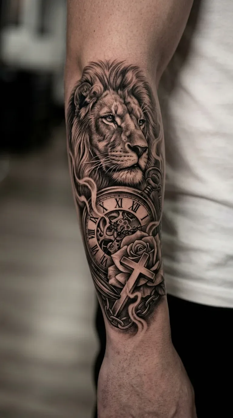 Tatuagem realista de leão com relógio de bolso, rosa e cruz no braço, em estilo preto e cinza.