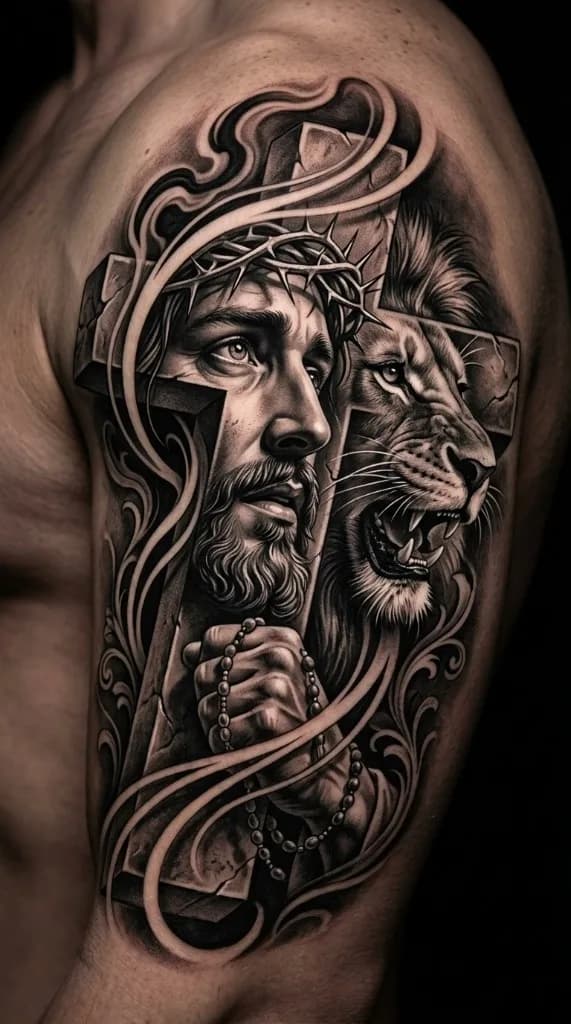 Tattoo Tatuagem realista Jesus, leão e cruz no braço Realismo B&G