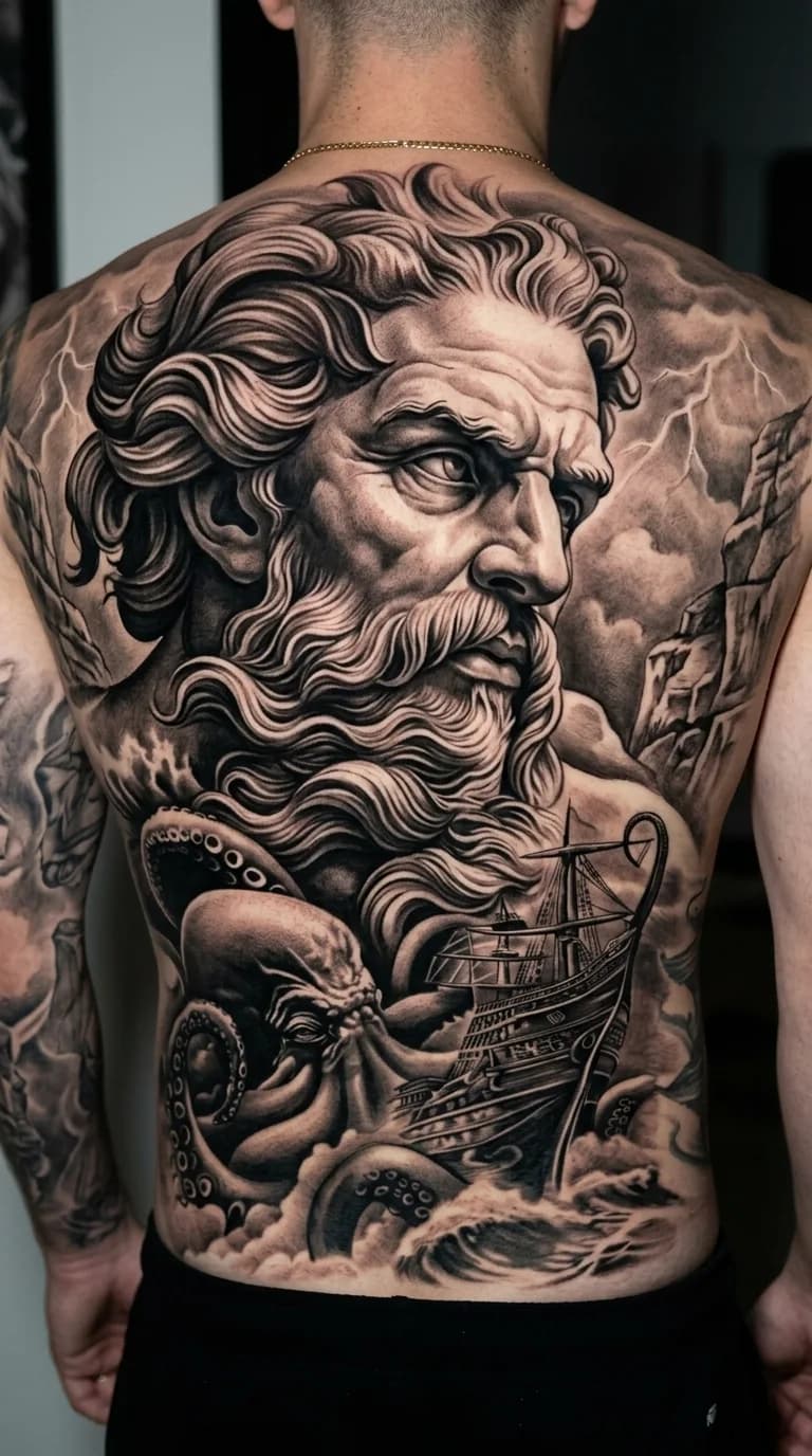 Tatuagem realista de Poseidon e Kraken em preto e cinza nas costas de um homem, com navio e tempestade.