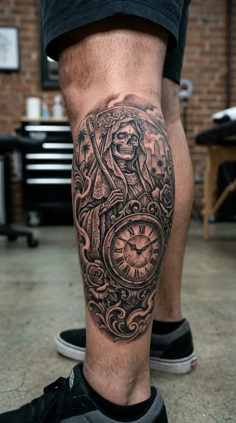 Tattoo Santa Muerte chicano com relógio romano na panturrilha feita em São Paulo por Robson Torres