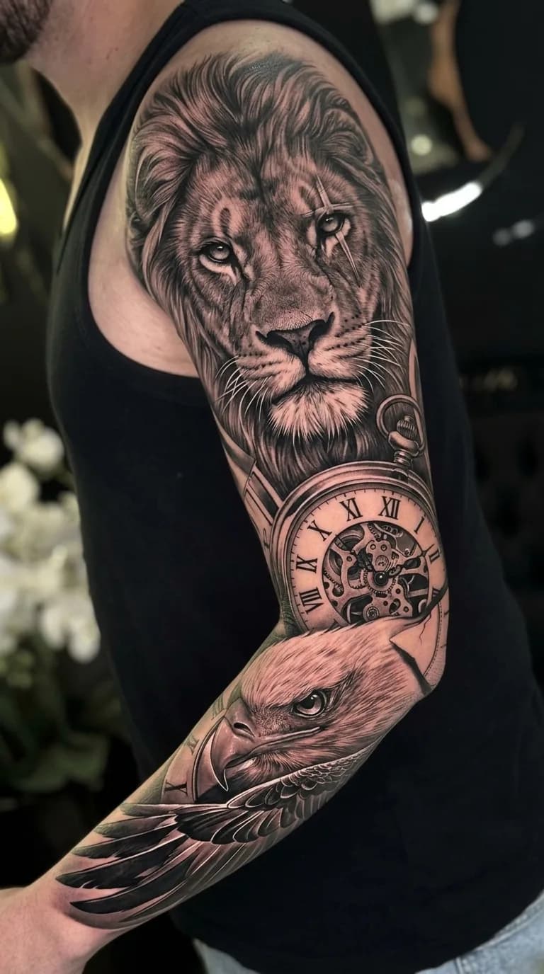 Tatuagem realista de braço completo com leão, águia e relógio de bolso em preto e cinza, exibindo detalhes e profundidade.