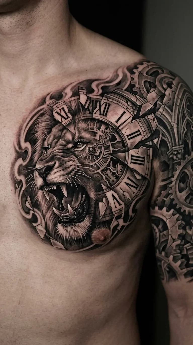 Tattoo Leão + relógio Realismo B&G feita em São Paulo por Robson Torres