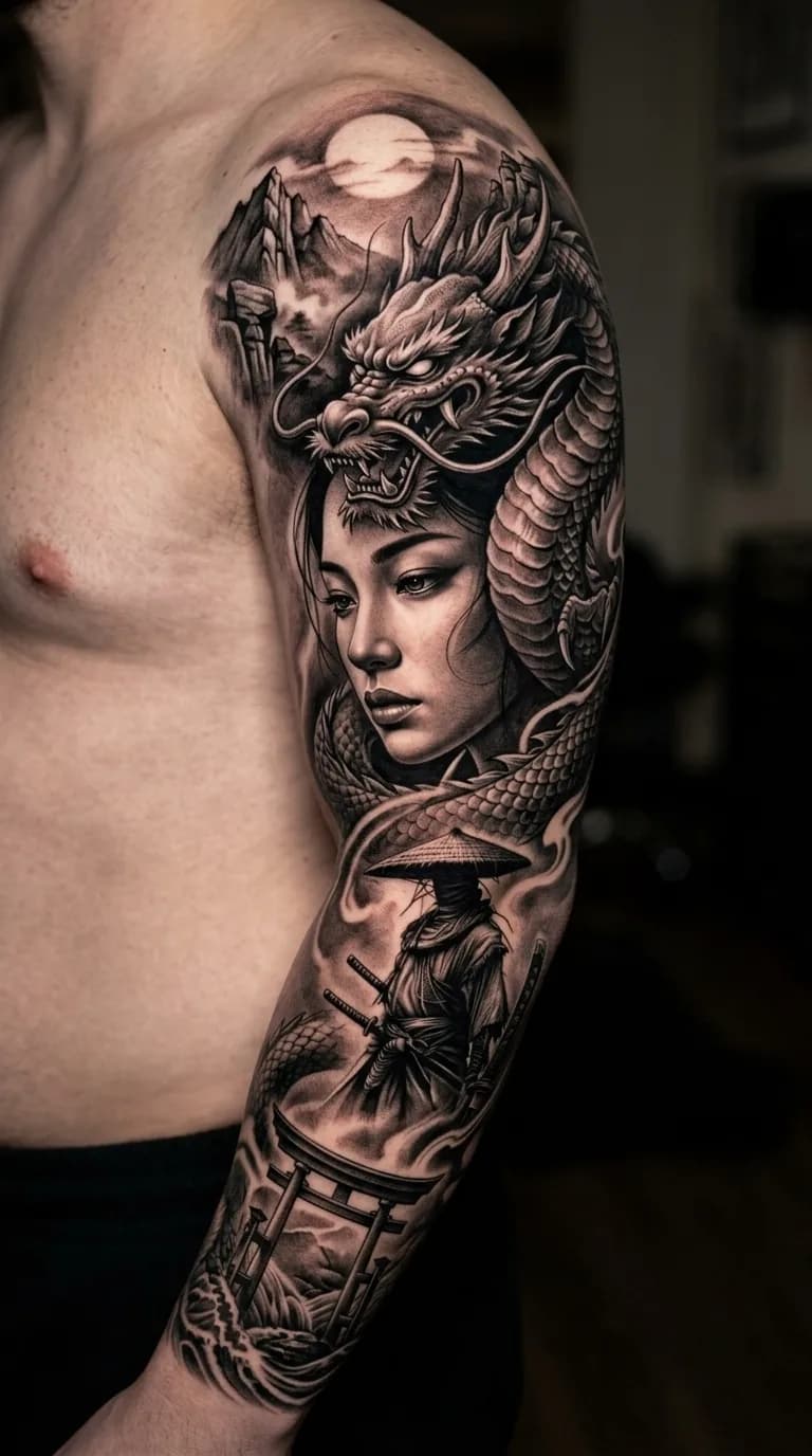 Tattoo Fechamento Oriental Realista: Dragão, Geisha & Samurai Realismo B&G feita em São Paulo por Robson Torres
