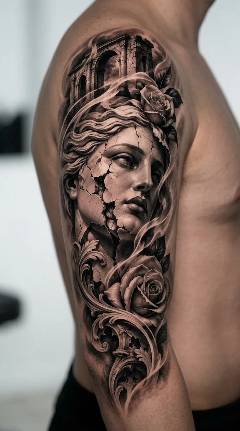 Tatuagem realista de estátua feminina rachada com rosas e arcos antigos em preto e cinza no braço de um homem.