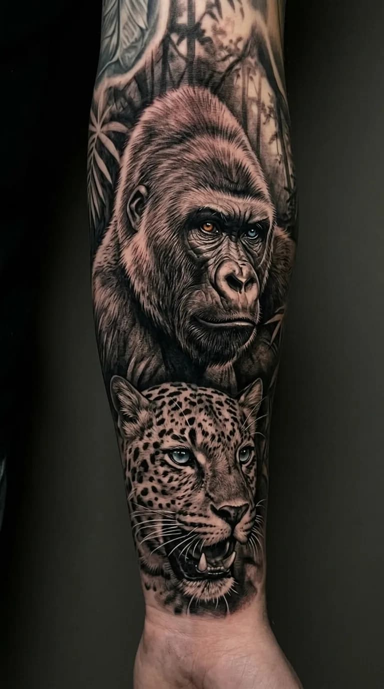 Tatuagem realista de gorila e leopardo em preto e cinza no braço, com olhos coloridos e fundo de selva.