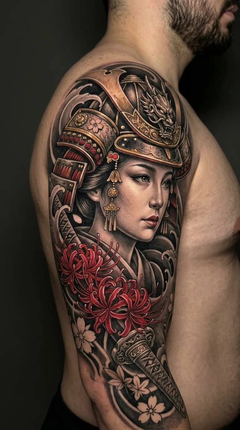 Tatuagem oriental de gueixa guerreira com capacete samurai e dragão, lírios-aranha vermelhos e sakura no braço de um homem.