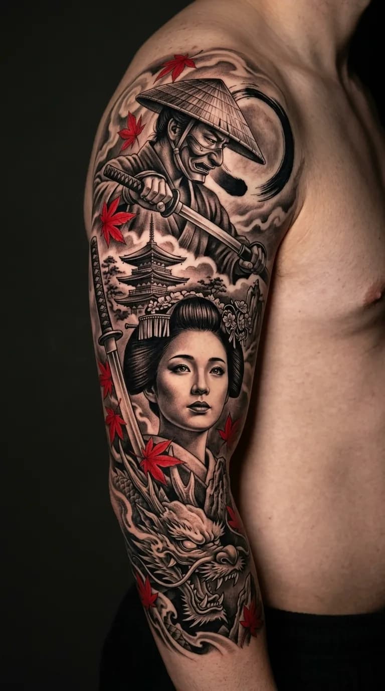 Tatuagem de braço completa em estilo japonês com samurai, geisha e dragão em realismo black and grey com detalhes vermelhos.