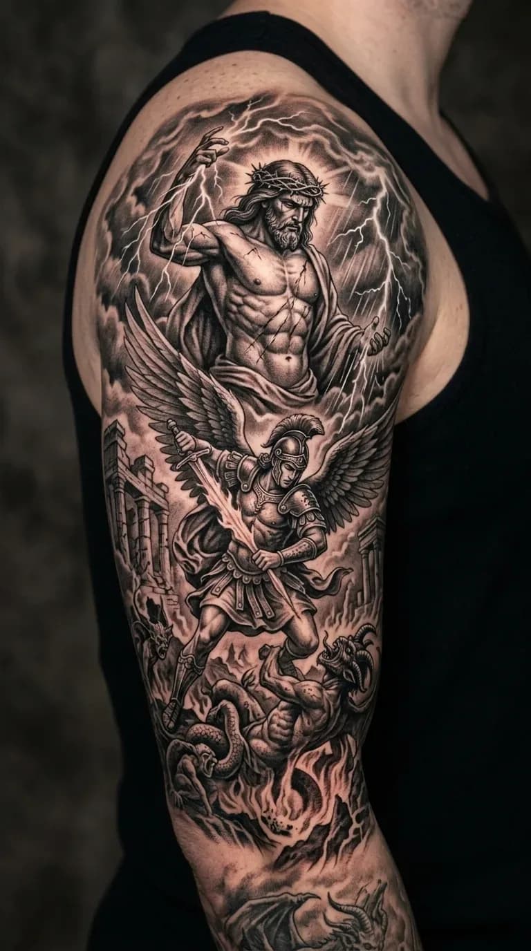 Tatuagem realista em preto e cinza de Jesus Cristo e Arcanjo Miguel em batalha contra demônios no braço de um homem.