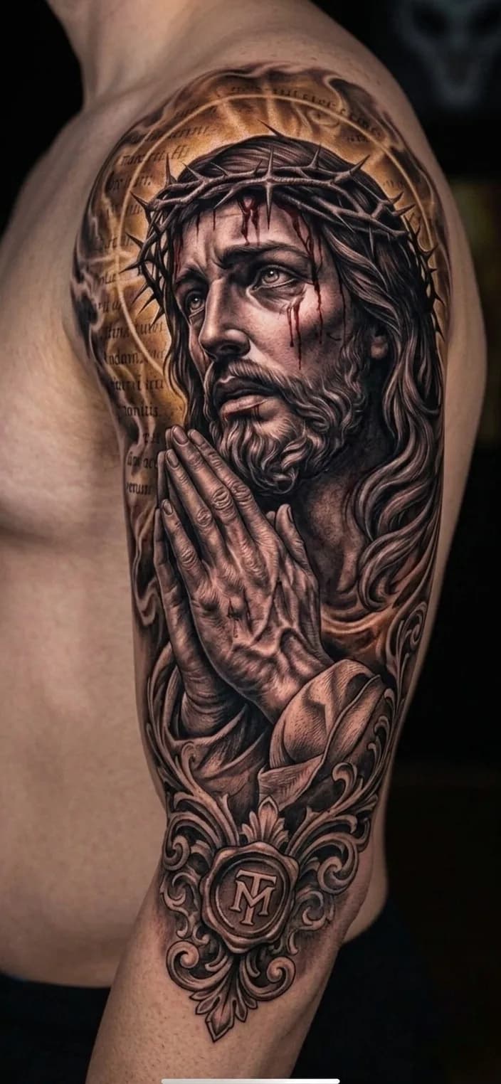 Tatuagem realista de Jesus Cristo com coroa de espinhos e mãos em oração no braço, estilo preto e cinza.