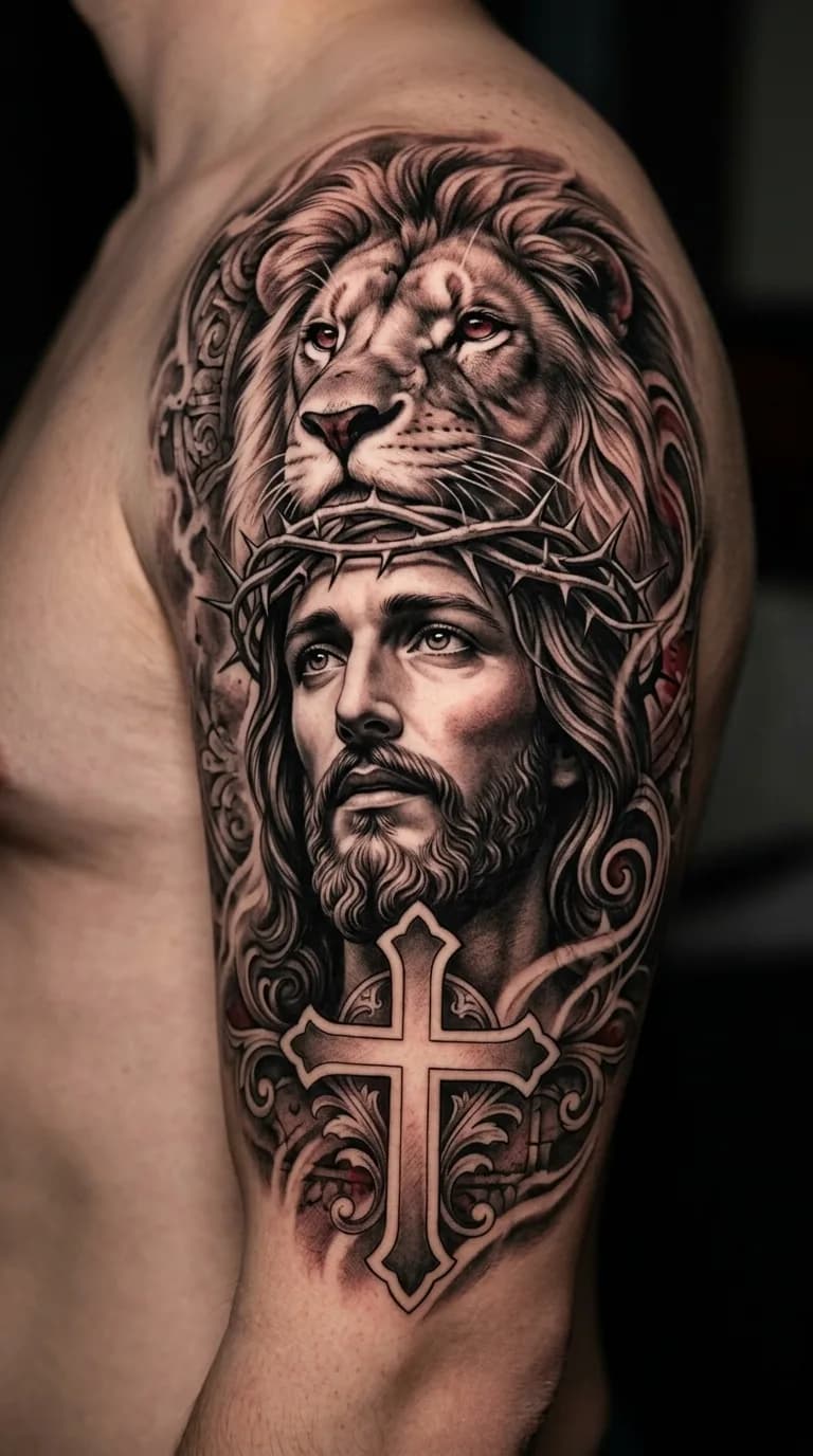 Tatuagem realista de Jesus Cristo com coroa de espinhos, leão e cruz no braço em estilo preto e cinza.