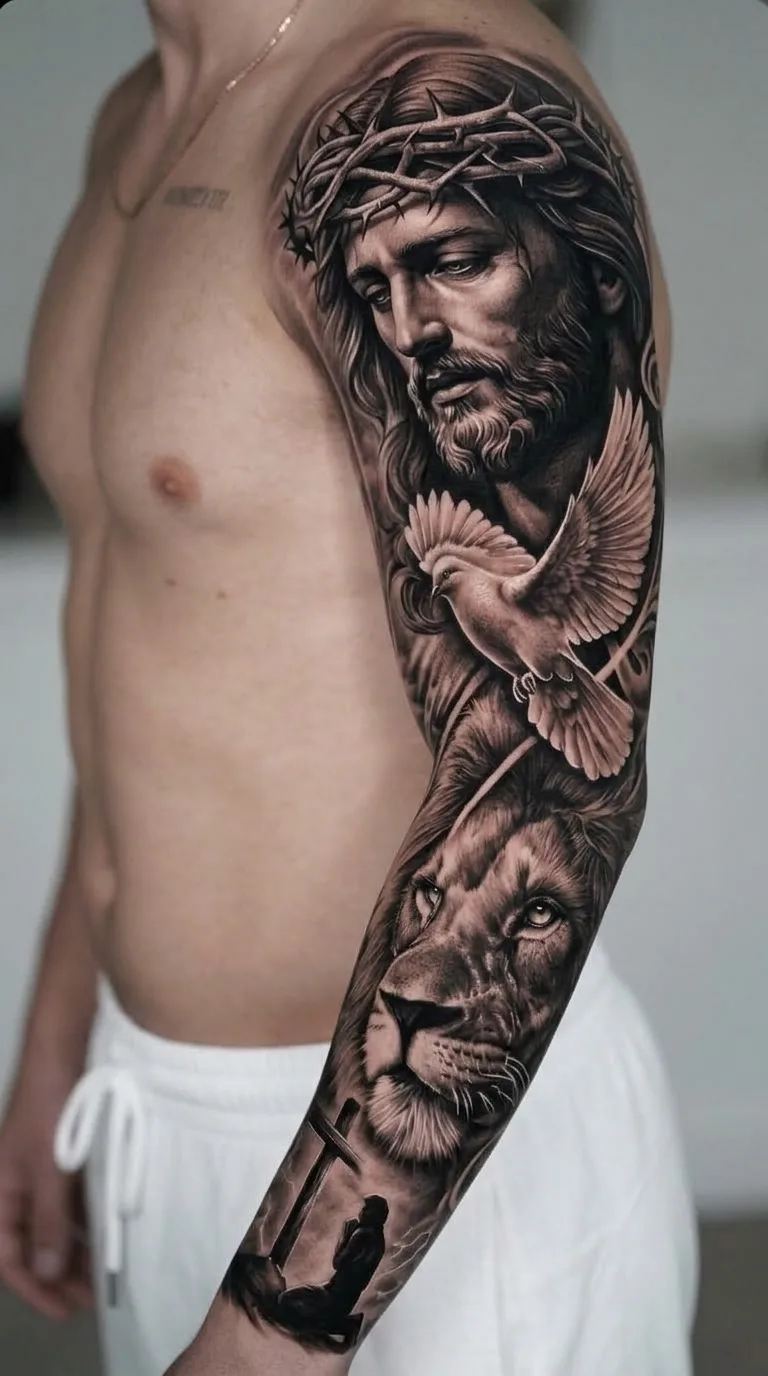 Tatuagem realista de braço fechado com Jesus Cristo, leão, pomba e cruz em preto e cinza.