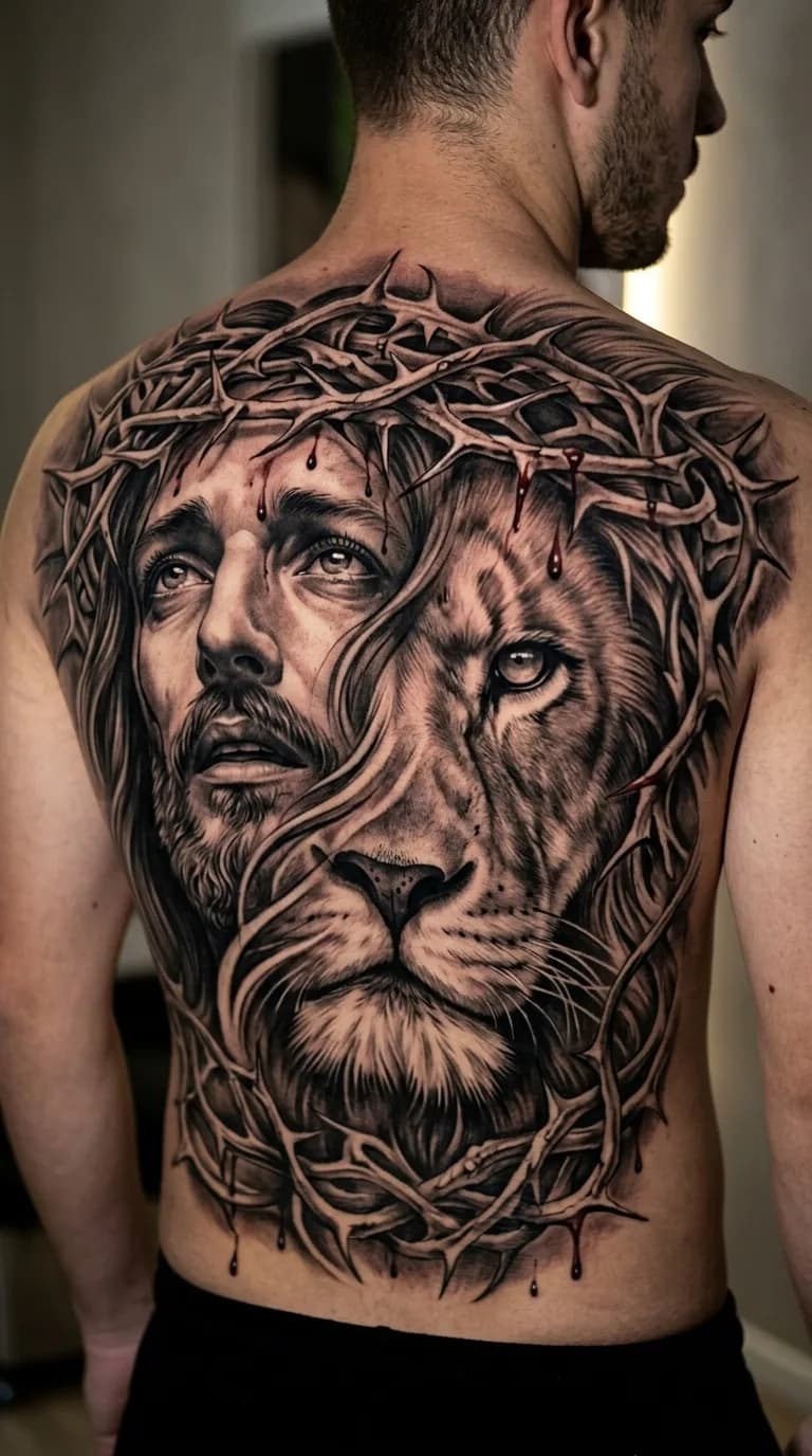 Tatuagem realista de Jesus Cristo e leão com coroa de espinhos em preto e cinza, cobrindo as costas de um homem.