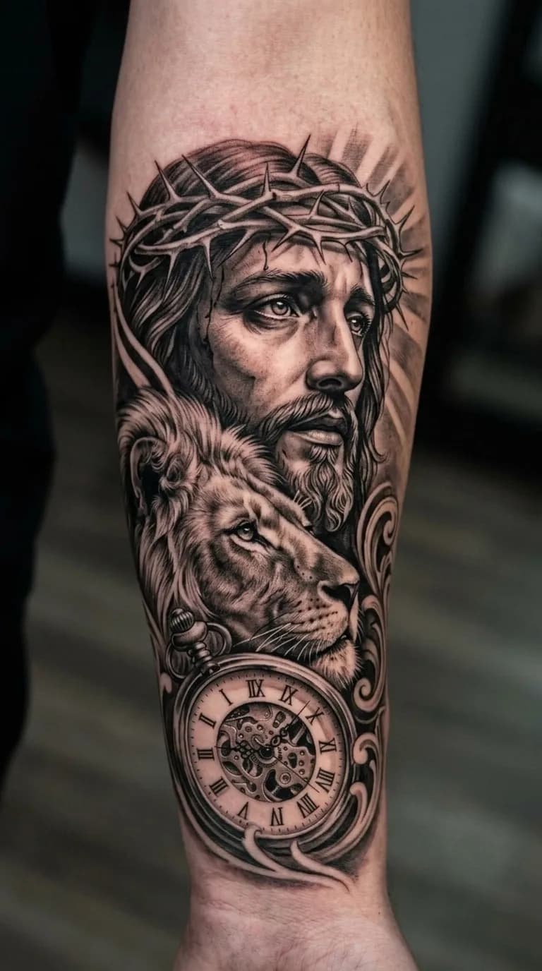Tatuagem realista black and grey de Jesus Cristo com coroa de espinhos, um leão e um relógio de bolso no antebraço.