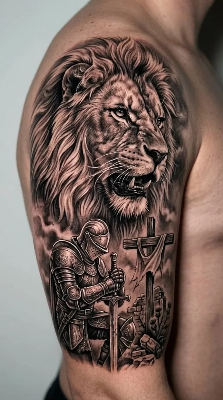Tatuagem realista de leão rugindo, cavaleiro ajoelhado com espada e cruz, em estilo Black & Grey no braço.
