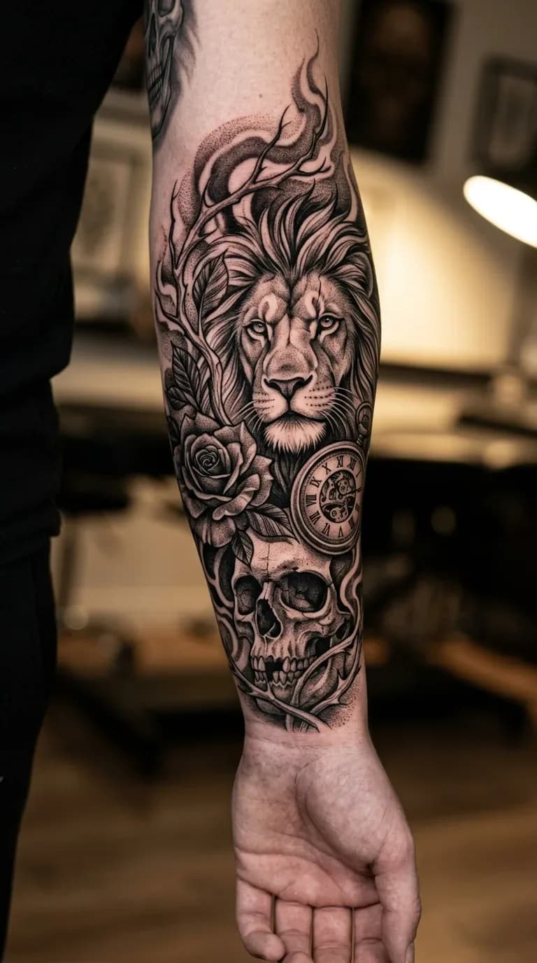 Tatuagem blackwork realista de leão, crânio, rosa e relógio de bolso no antebraço, com detalhes em dotwork.