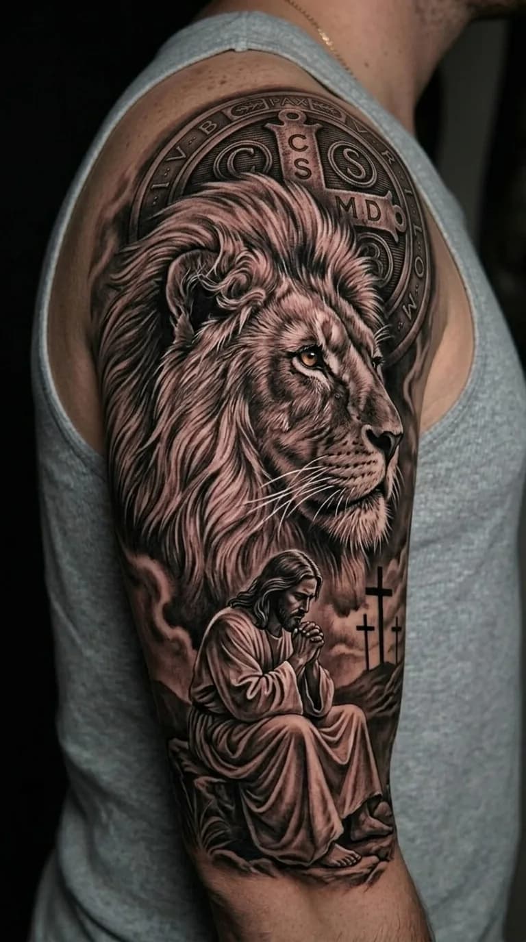 Tatuagem realista black and grey de leão, Jesus orando com cruzes e medalha de São Bento no braço.