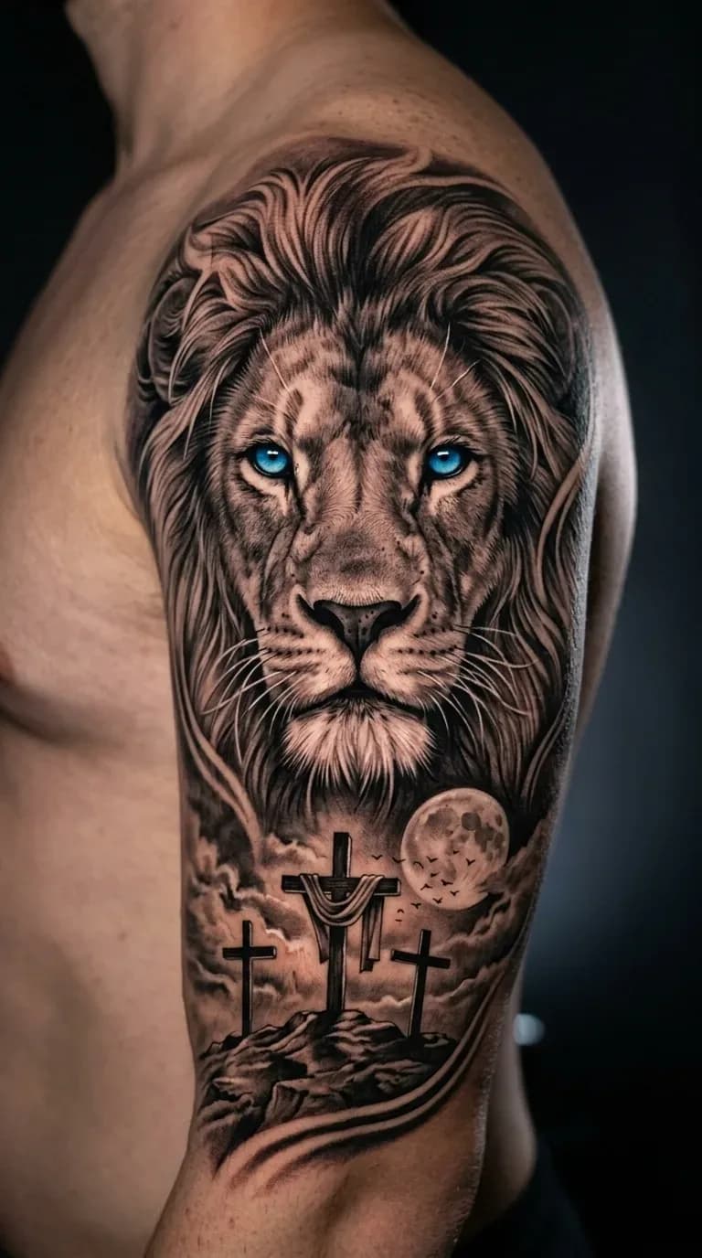 Tatuagem realista de leão com olhos azuis vibrantes e cruzes em preto e cinza no braço de um homem.