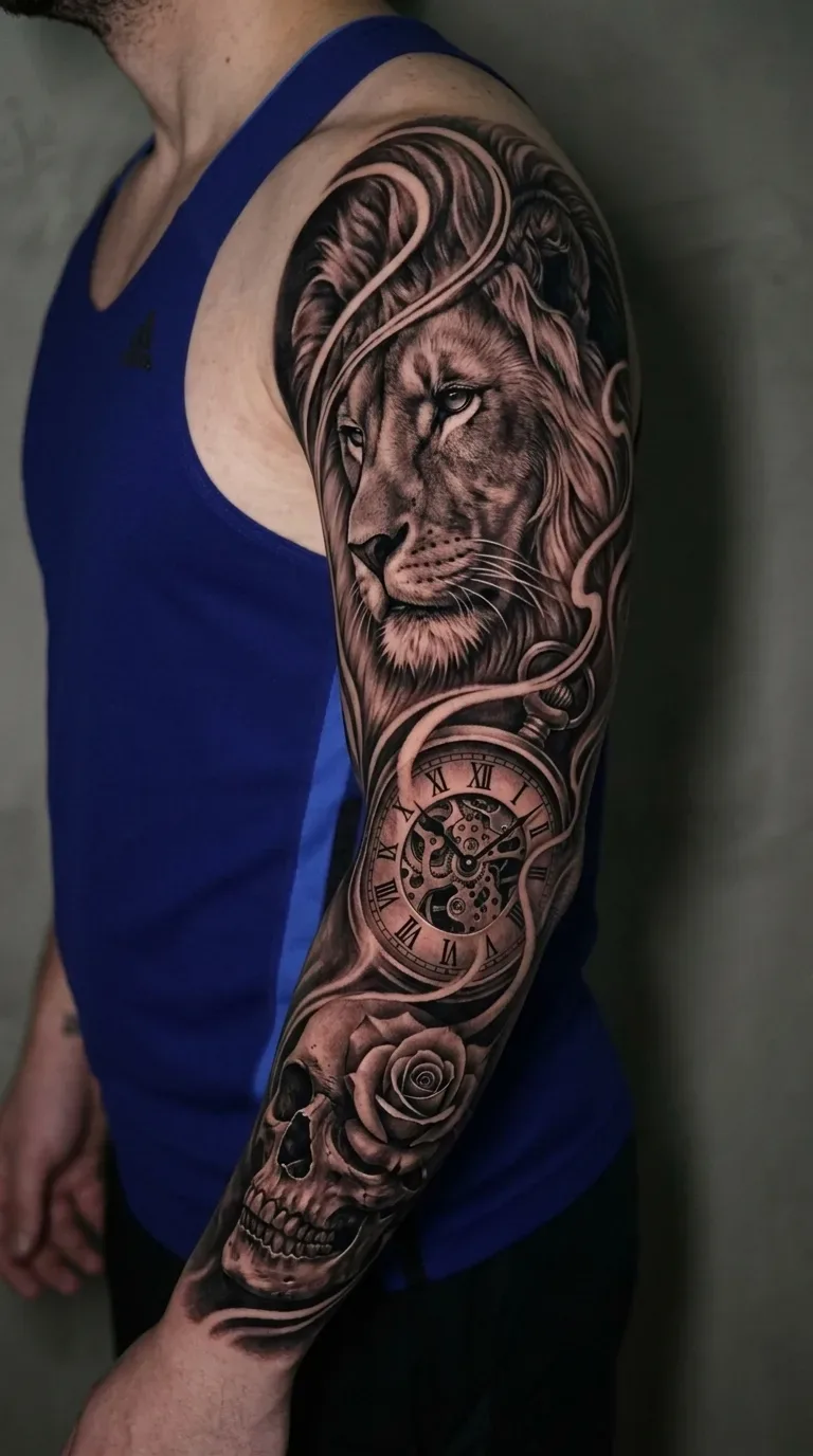 Tatuagem de braço completa masculina com leão realista, relógio de bolso, caveira e rosa em estilo preto e cinza.