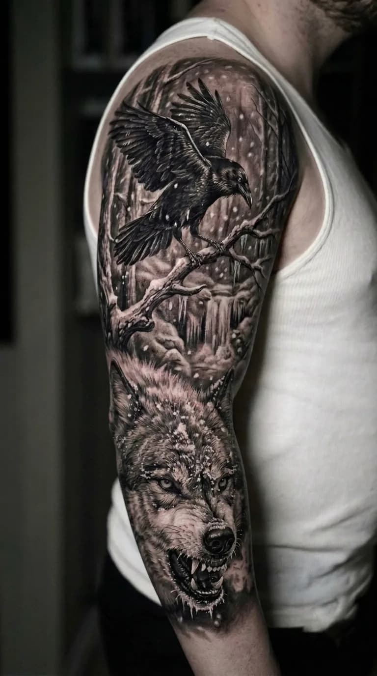 Tatuagem realista de lobo uivando e corvo em voo sobre floresta nevada no braço de um homem, em preto e cinza.