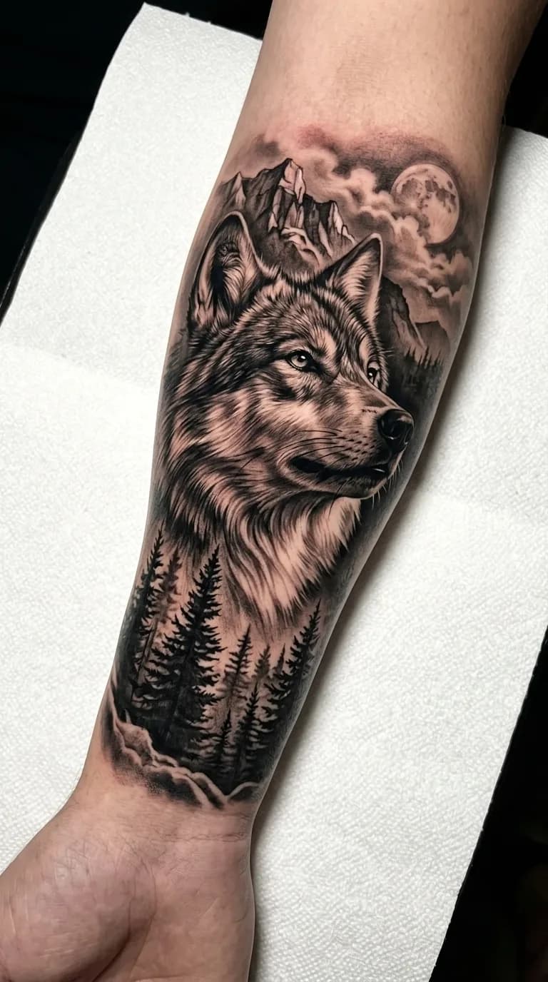 Tatuagem realista de lobo em preto e cinza com montanhas, floresta de pinheiros e lua cheia no antebraço.