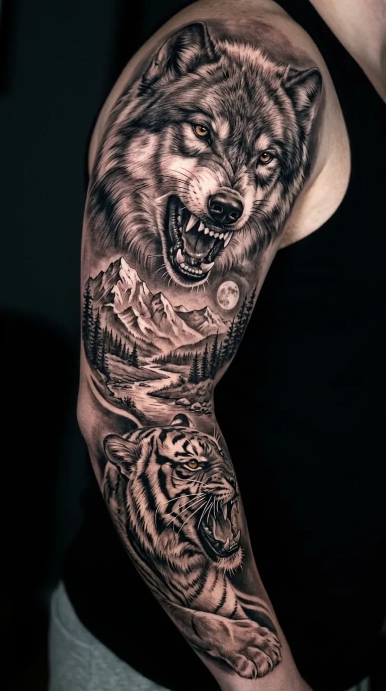 Tatuagem de braço completo (full sleeve) em realismo black and grey, apresentando um lobo uivando, uma paisagem de montanhas e floresta com lua cheia, e um tigre rugindo na parte inferior.