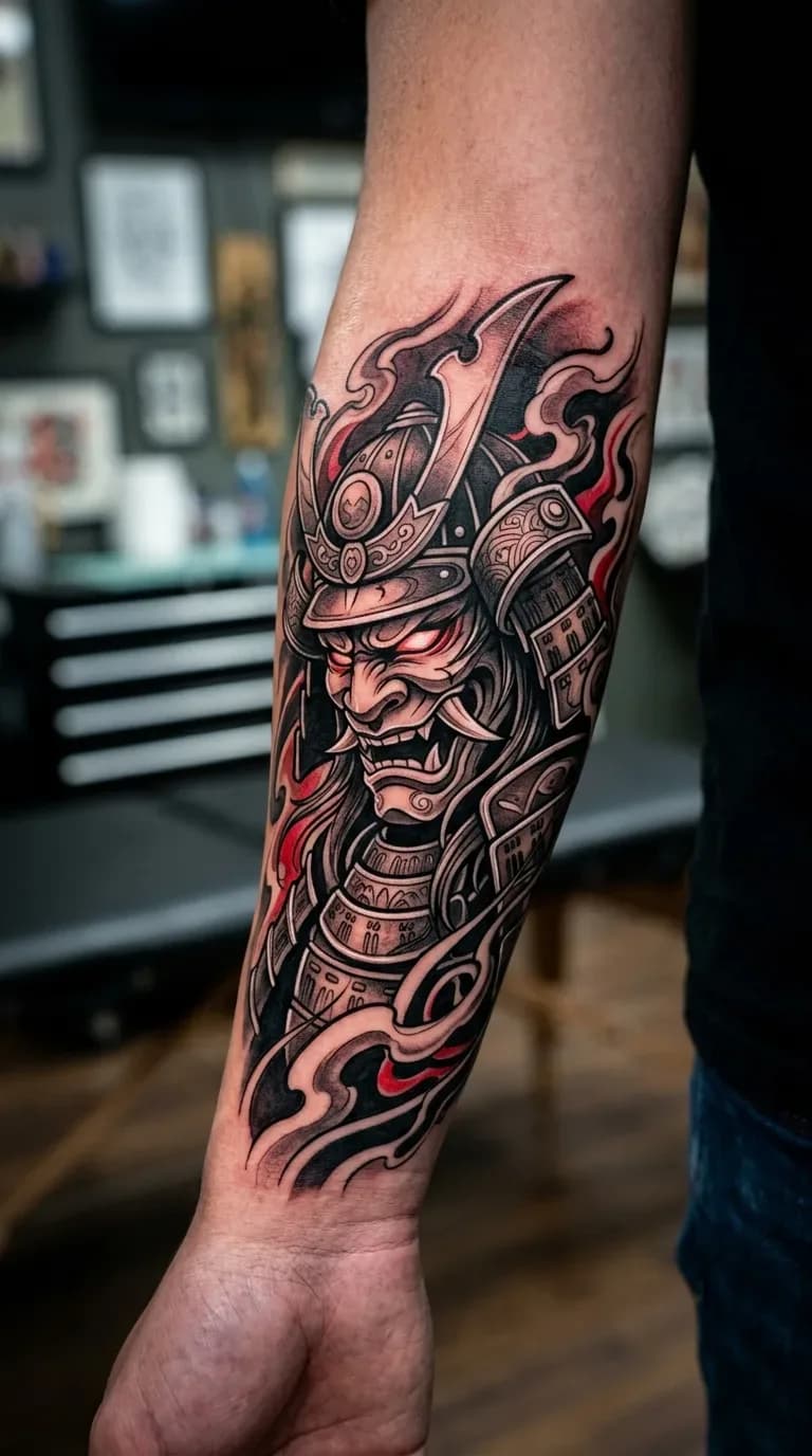 Tatuagem de máscara Oni samurai em estilo neo traditional preto e cinza com detalhes vermelhos no antebraço de um homem.