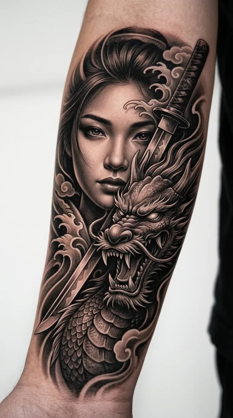 Tatuagem realista preto e cinza de mulher oriental com dragão e katana no braço, estilo japonês.